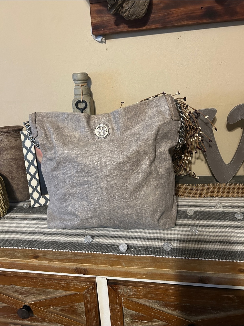 Tory Burch Neutral Gray Canvas Shoulder Tote with Logo Medallion